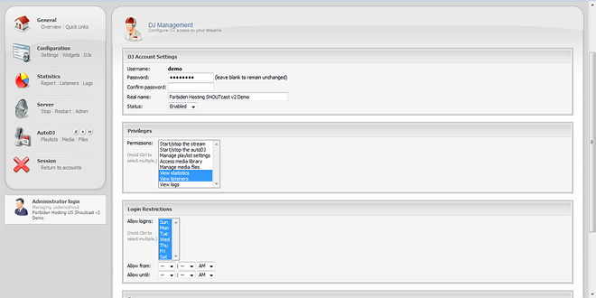 A screenshot Centova Cast panel